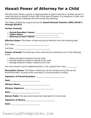Free Power of Attorney for a Child Document for Hawaii State
