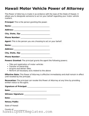 Free Motor Vehicle Power of Attorney Document for Hawaii State