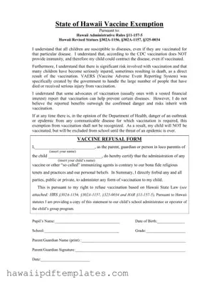 Hawaii Vaccine Exemption PDF Form