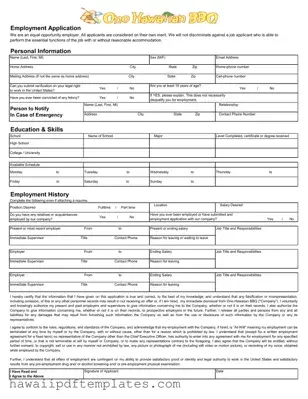 Ono Hawaiian Bbq Job Application PDF Form