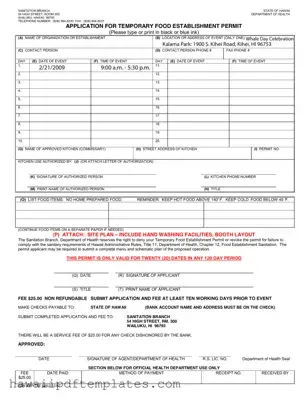 Temporary Food Permit Hawaii PDF Form
