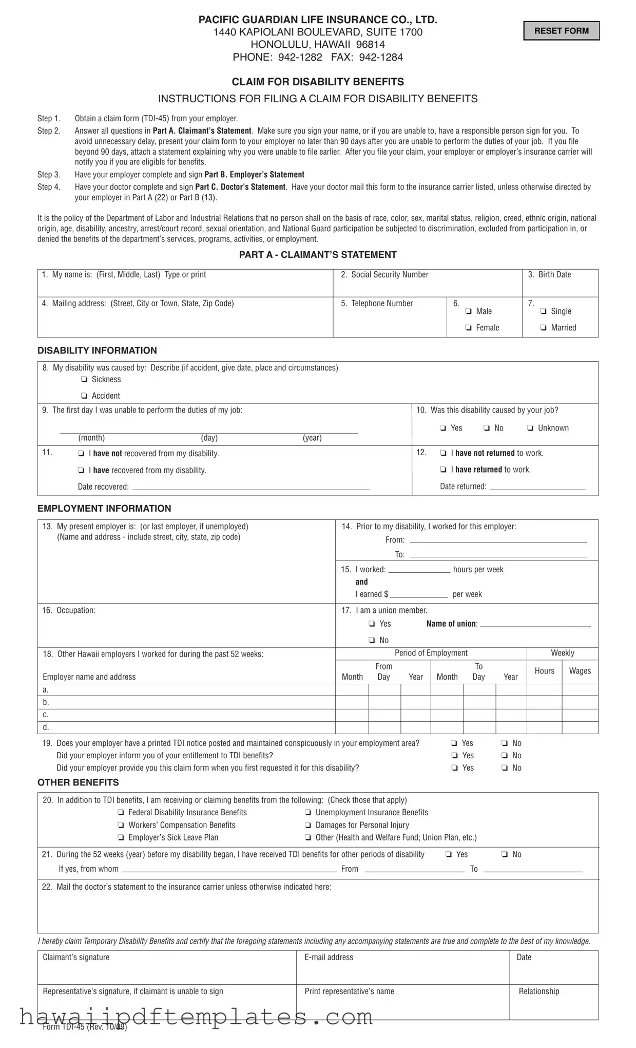 State Hawaii Tdi 45 PDF Form