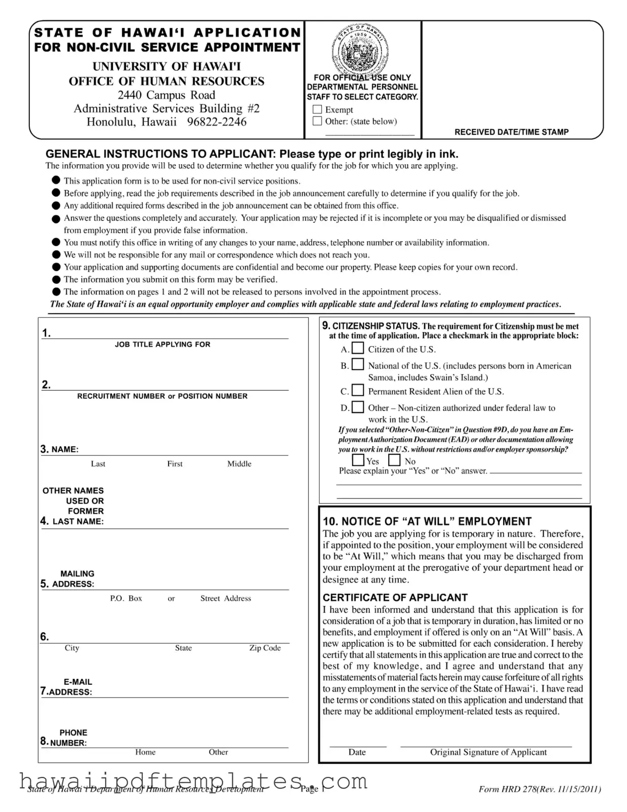 State Of Hawaii Hrd 278 PDF Form