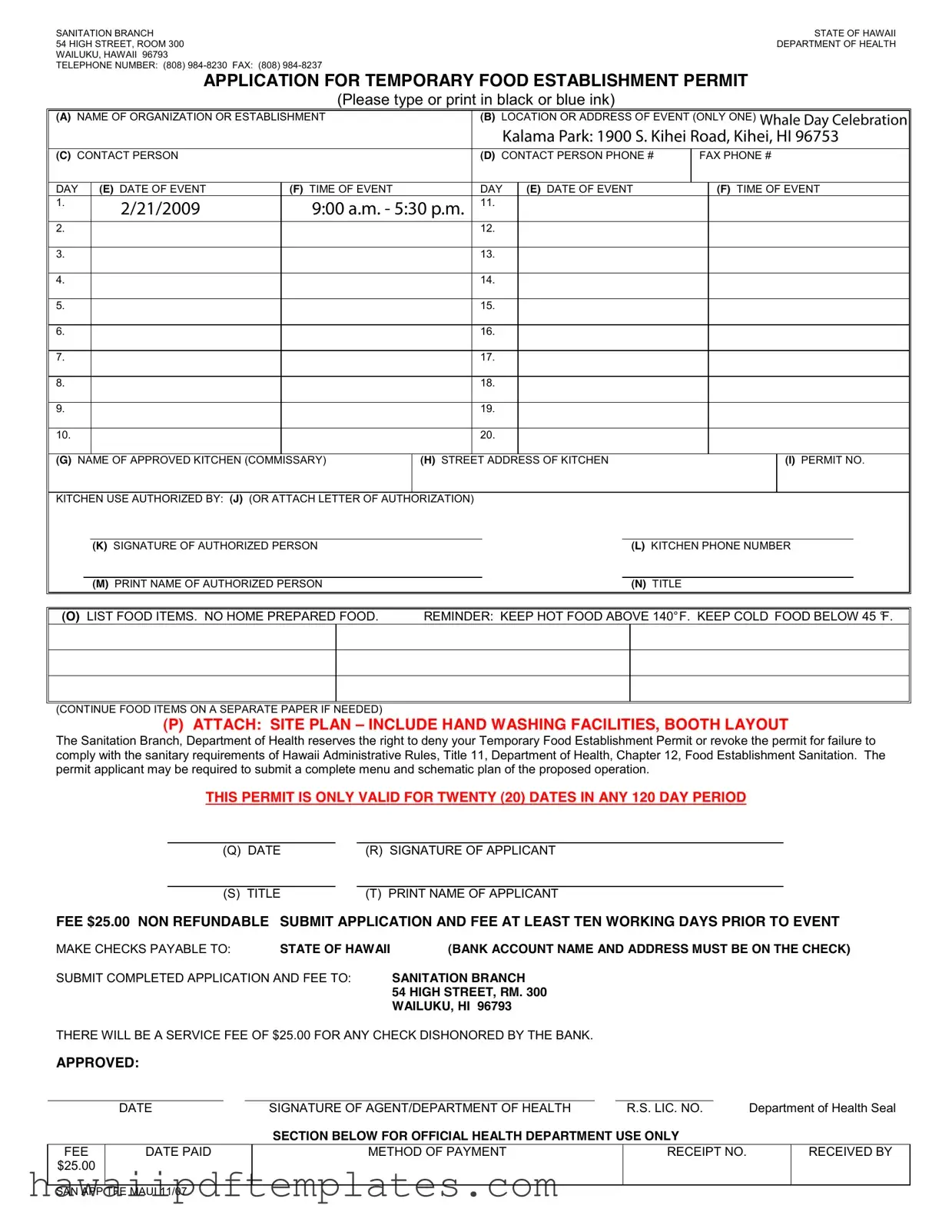 Temporary Food Permit Hawaii PDF Form